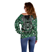 Aotearoa Ngai Tahu Off Shoulder Sweater Maori Tribal Dark Green Paua Shell Pattern DT05 - Polynesian Pride
