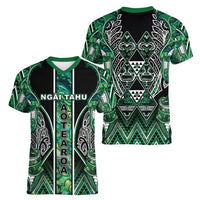Aotearoa Ngai Tahu Women V-Neck T-Shirt Maori Tribal Dark Green Paua Shell Pattern DT05 - Polynesian Pride