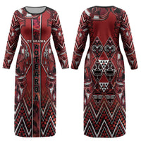 Aotearoa Te Arawa Couples Matching Long Sleeve Bodycon Dress and Long Sleeve Button Shirt Maori Tribal Dark Red Paua Shell Pattern DT05 - Polynesian Pride
