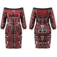 Aotearoa Te Arawa Couples Matching Off The Shoulder Long Sleeve Dress and Hawaiian Shirt Maori Tribal Dark Red Paua Shell Pattern DT05 - Polynesian Pride