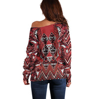 Aotearoa Te Arawa Off Shoulder Sweater Maori Tribal Dark Red Paua Shell Pattern DT05 - Polynesian Pride