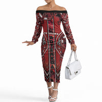 Aotearoa Te Arawa Off The Shoulder Long Sleeve Dress Maori Tribal Dark Red Paua Shell Pattern DT05 Women Red - Polynesian Pride