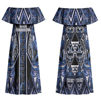 Aotearoa Tuwharetoa Couples Matching Off Shoulder Maxi Dress and Long Sleeve Button Shirt Maori Tribal Navy Paua Shell Pattern DT05 - Polynesian Pride