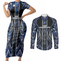 Aotearoa Tuwharetoa Couples Matching Short Sleeve Bodycon Dress and Long Sleeve Button Shirt Maori Tribal Navy Paua Shell Pattern DT05 Navy - Polynesian Pride