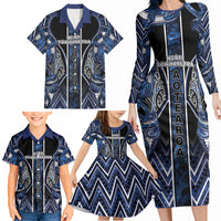 Aotearoa Tuwharetoa Family Matching Long Sleeve Bodycon Dress and Hawaiian Shirt Maori Tribal Navy Paua Shell Pattern DT05 - Polynesian Pride