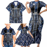 Aotearoa Tuwharetoa Family Matching Short Sleeve Bodycon Dress and Hawaiian Shirt Maori Tribal Navy Paua Shell Pattern DT05 - Polynesian Pride