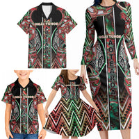 Aotearoa Ngai Tuhoe Family Matching Long Sleeve Bodycon Dress and Hawaiian Shirt Maori Tribal Red And Green Paua Shell Pattern DT05 - Polynesian Pride