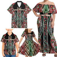 Aotearoa Ngai Tuhoe Family Matching Off Shoulder Maxi Dress and Hawaiian Shirt Maori Tribal Red And Green Paua Shell Pattern DT05 - Polynesian Pride