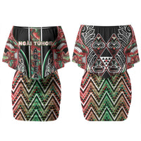 Aotearoa Ngai Tuhoe Family Matching Off Shoulder Short Dress and Hawaiian Shirt Maori Tribal Red And Green Paua Shell Pattern DT05 Mom's Dress Red - Polynesian Pride