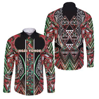 Aotearoa Ngai Tuhoe Family Matching Off Shoulder Short Dress and Hawaiian Shirt Maori Tribal Red And Green Paua Shell Pattern DT05 Dad's Shirt - Long Sleeve Red - Polynesian Pride
