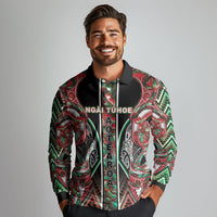 Aotearoa Ngai Tuhoe Long Sleeve Polo Shirt Maori Tribal Red And Green Paua Shell Pattern DT05 - Polynesian Pride