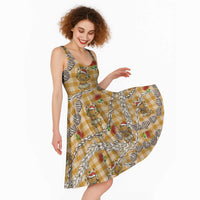 Gold Palaka Hawaii Mele Kalikimaka Midi Dress Ohia Lehua Shell Leis Funny Gingerbread Santa - Polynesian Pride