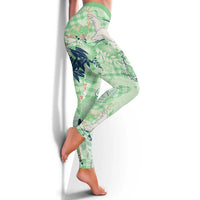 Green Palaka Crane and Flowers Leggings Japan Heritage Spirit - Polynesian Pride