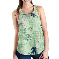 Green Palaka Crane and Flowers Women Racerback Tank Japan Heritage Spirit - Polynesian Pride