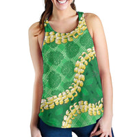 Green Palaka Hawaii Mele Kalikimaka Women Racerback Tank Ohia Lehua Monstera Puakenikeni Lei - Polynesian Pride