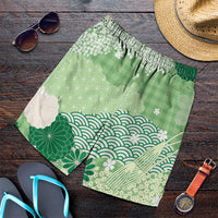 Green Palaka Japanese Traditional Shorts for Men Asanoha Seigaiha Sakura Motif - Polynesian Pride