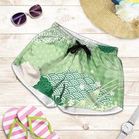 Green Palaka Japanese Traditional Shorts for Women Asanoha Seigaiha Sakura Motif - Polynesian Pride