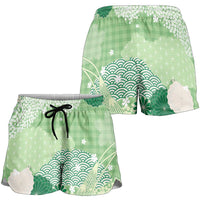 Green Palaka Japanese Traditional Shorts for Women Asanoha Seigaiha Sakura Motif - Polynesian Pride
