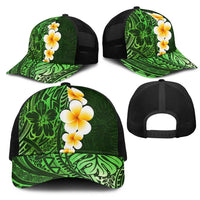 Green Polynesia Mesh Trucker Cap Plumeria Tropical Leaves With Galaxy Polynesian Art - Polynesian Pride