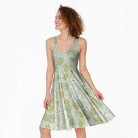 Hawaii Anthurium Tiare Pikake Lei Midi Dress Sage Green Lauhala Art Pattern