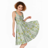 Hawaii Anthurium Tiare Pikake Lei Midi Dress Sage Green Lauhala Art Pattern