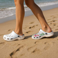 Hawaii DNA Kakau Tattoo Clogs Shoes with Plumeria and Hibiscus Tropical Plants White Color