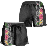 Hawaii DNA Kakau Tattoo Shorts for Women with Plumeria and Hibiscus Tropical Plants Black Color LT03 - Polynesian Pride