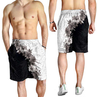 Hawaii Grayscale Hibiscus Flowers Shorts for Men Polynesian Pattern Half Black White Version - Polynesian Pride