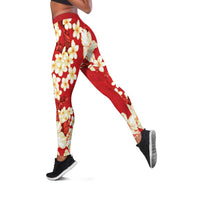 Hawaii Hibiscus Plumeria Red Leggings Polynesian Pattern