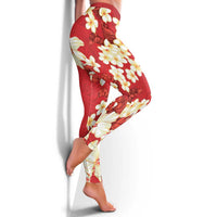 Hawaii Hibiscus Plumeria Red Leggings Polynesian Pattern