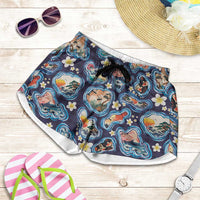 Hawaii Islands Map Design with Japanese Landscape Shorts for Women Hawaiian Japan Fusion Art Navy Color