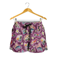 Hawaii Islands Map Design with Japanese Landscape Shorts for Women Hawaiian Japan Fusion Art Pink Color