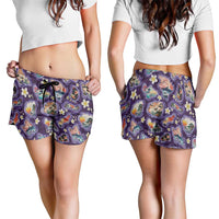 Hawaii Islands Map Design with Japanese Landscape Shorts for Women Hawaiian Japan Fusion Art Purple Color