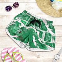 Hawaii Japanese Culture Green Shorts for Women Spring Cranes Aloha Pattern