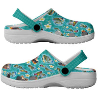 Hawaii Map with Plumeria Flower and Palaka Pattern Clogs Shoes Tropical Island Teal Design LT03 - Polynesian Pride