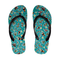 Hawaii Map with Plumeria Flower and Palaka Pattern Flip Flops Tropical Island Teal Design