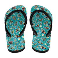 Hawaii Map with Plumeria Flower and Palaka Pattern Flip Flops Tropical Island Teal Design
