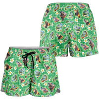 Hawaii Map with Plumeria Flower and Palaka Pattern Shorts for Women Tropical Island Green Design