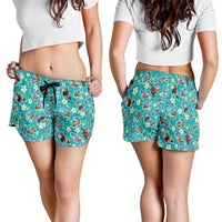 Hawaii Map with Plumeria Flower and Palaka Pattern Shorts for Women Tropical Island Teal Design