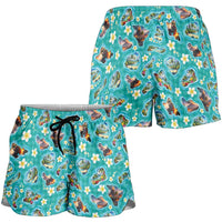 Hawaii Map with Plumeria Flower and Palaka Pattern Shorts for Women Tropical Island Teal Design