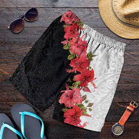 Hawaii Red Hibiscus Flowers Shorts for Men Polynesian Pattern Half Black White Version - Polynesian Pride