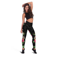 Hawaii Tropical Flowers Leggings Polynesian Tattoo Black
