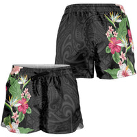 Hawaii Tropical Flowers Shorts for Women Polynesian Tattoo Black LT05 - Polynesian Pride