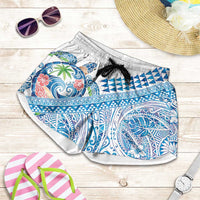Hawaiian Abstract Sea Turtle Shorts for Women Polynesian Tapa Art and Kakau Tattoo White WaterColor - Polynesian Pride