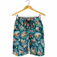 Hawaiian and Japanese Culture Together Shorts for Men Hawaiian Island Shapes with Japanese Landscape Teal Color