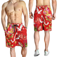 Hawaiian and Japanese Culture Together Shorts for Men Kakau Tribal Pattern and Irezumi Art Red Color LT03 - Polynesian Pride