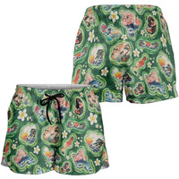 Hawaiian and Japanese Culture Together Shorts for Women Hawaiian Island Shapes with Japanese Landscape Green Color LT03 - Polynesian Pride