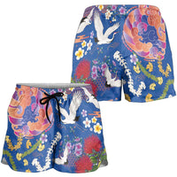 Hawaiian and Japanese Culture Together Shorts for Women Kakau Tribal Pattern and Irezumi Art Blue Color LT03 - Polynesian Pride