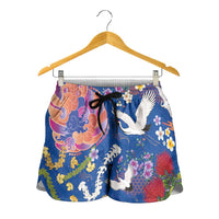 Hawaiian and Japanese Culture Together Shorts for Women Kakau Tribal Pattern and Irezumi Art Blue Color LT03 - Polynesian Pride