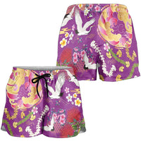Hawaiian and Japanese Culture Together Shorts for Women Kakau Tribal Pattern and Irezumi Art Purple Color LT03 - Polynesian Pride